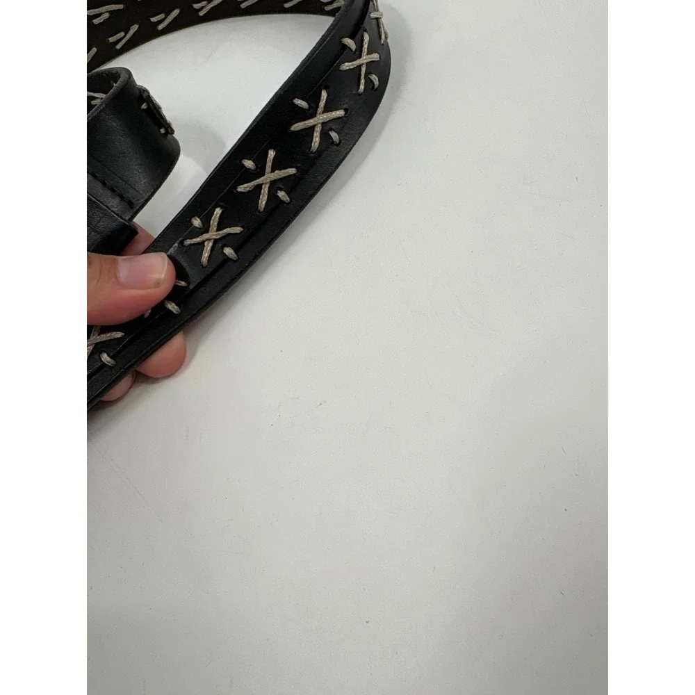 Basco Black Leather Whipstitch Belt Brass Buckle Western Boho Mens Womens